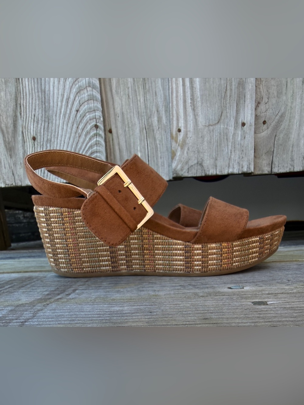 Neutral Nubuck Suede Buckle wedge  Sandals in Brown - Women sz 8.5